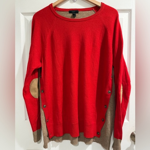J. Crew Sweaters - VTG J. Crew Red Tan Sweater Button Accents Elbow Patches Wool Angora equestrian
